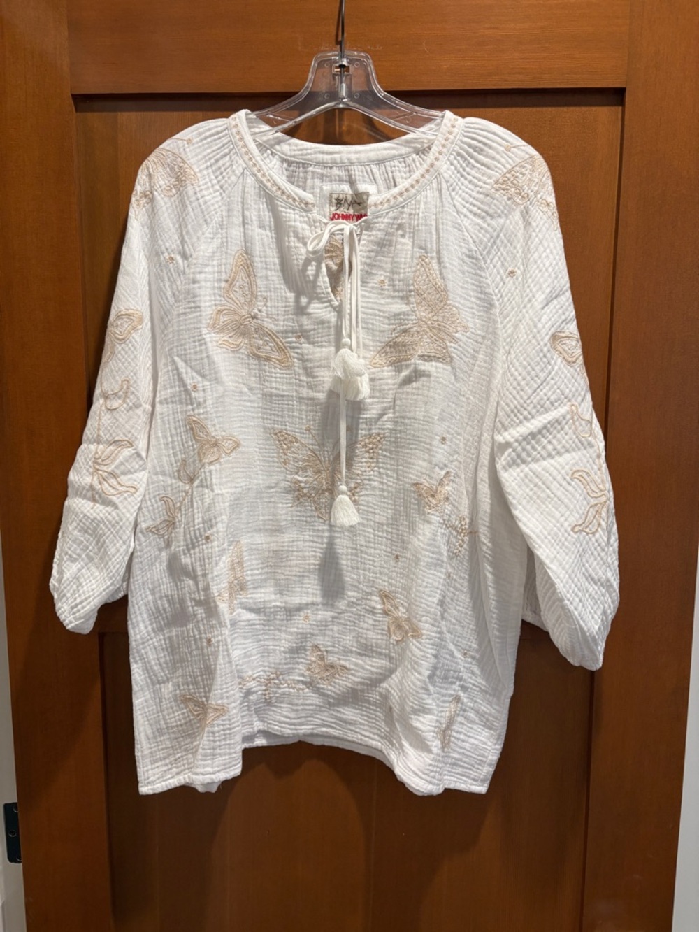 Johnny Was White Gauze Butterfly Embroidered Tie-Front Tunic NWT